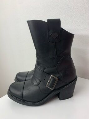 Harley-Davidson Black Leather Mid-Calf Heeled Biker Boots